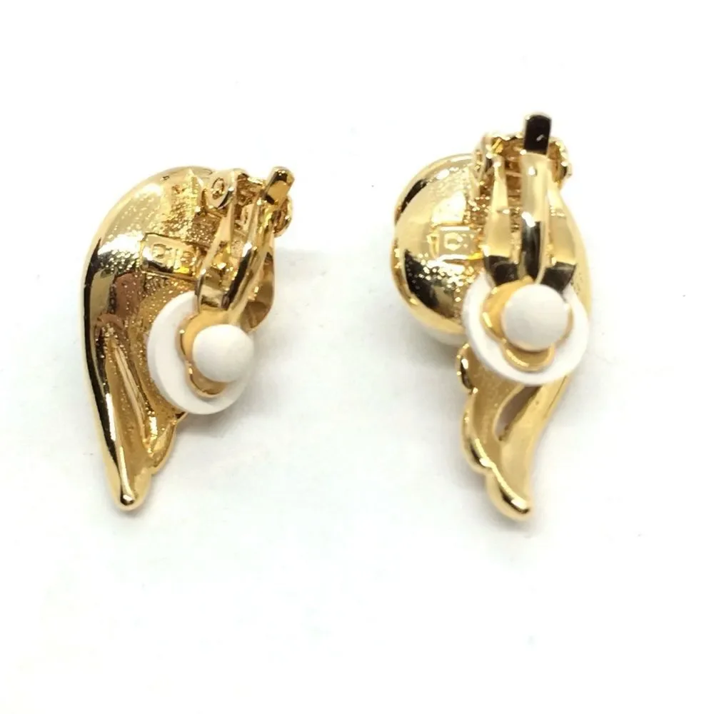 VINTAGE MARVELLA EARRINGS Faux Pearl Gold Tone Wing Clip On Signed